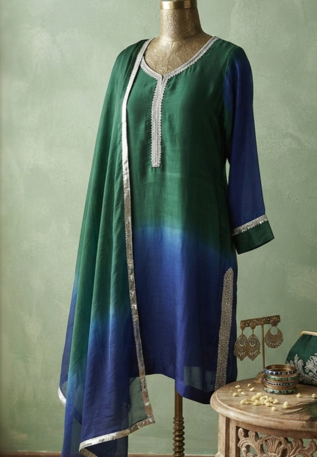 Green & Blue Tessel Silk Ombre Suit with Pure Chiffon Dupatta