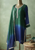 Green & Blue Tessel Silk Ombre Suit with Pure Chiffon Dupatta