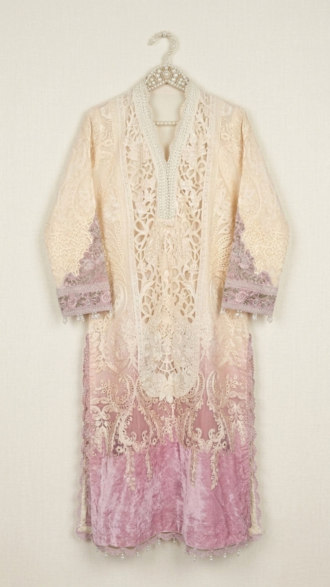 Luxury Off-White & Pink Organza Cutwork Suit with Velvet Detailing