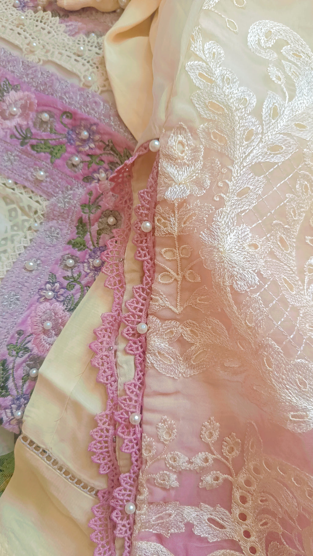Luxury Off-White & Pink Organza Cutwork Suit with Velvet Detailing