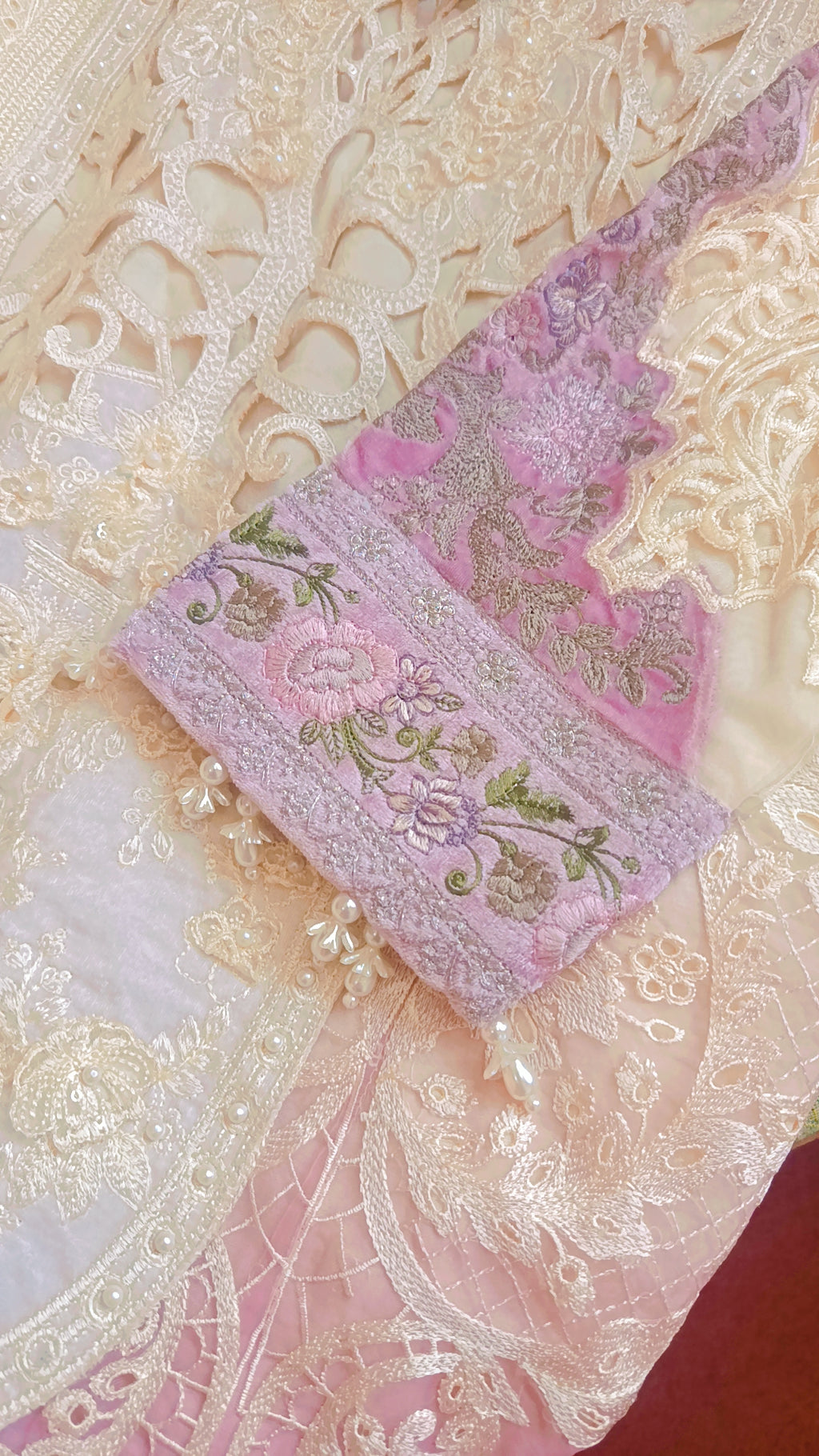 Luxury Off-White & Pink Organza Cutwork Suit with Velvet Detailing