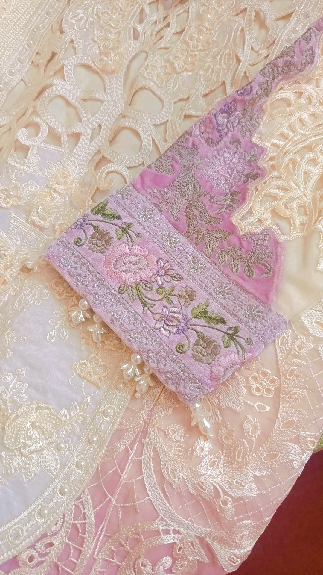 Luxury Off-White & Pink Organza Cutwork Suit with Velvet Detailing