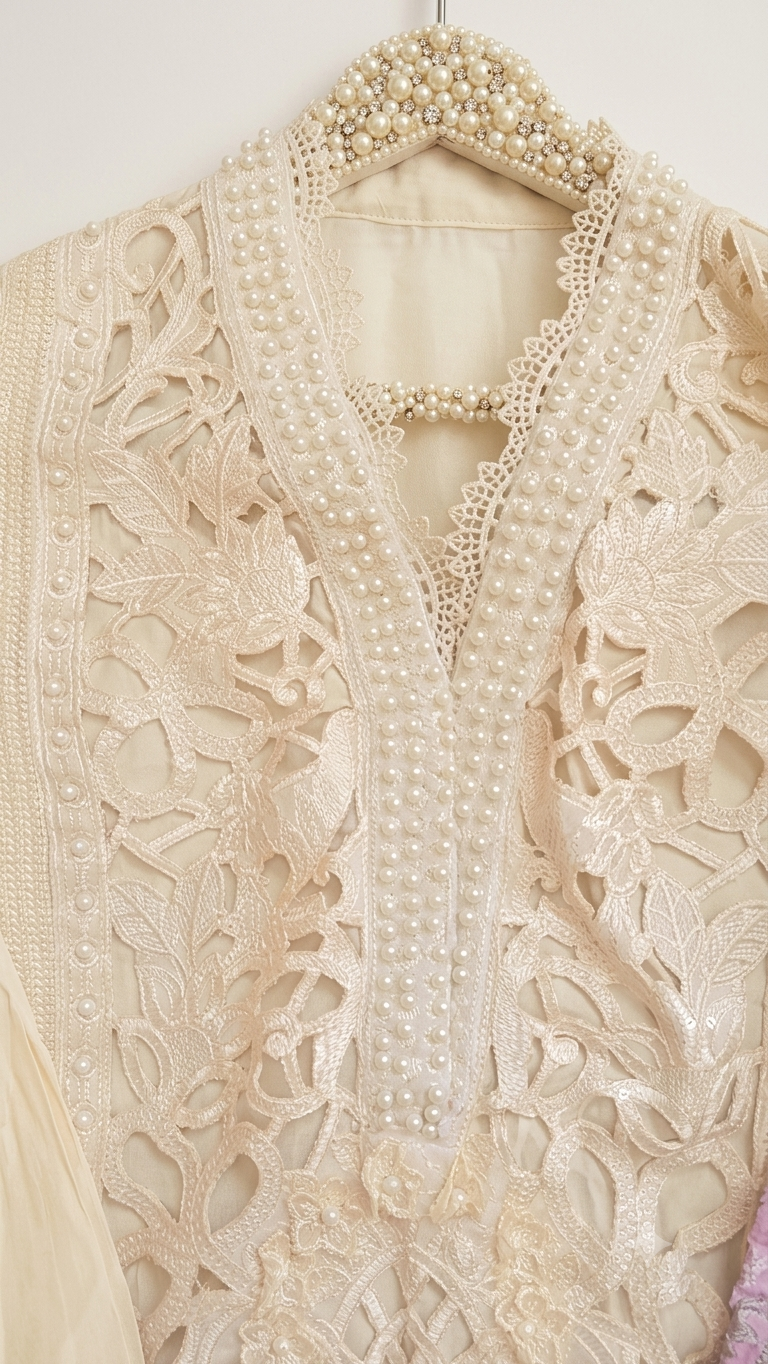 Luxury Off-White & Pink Organza Cutwork Suit with Velvet Detailing