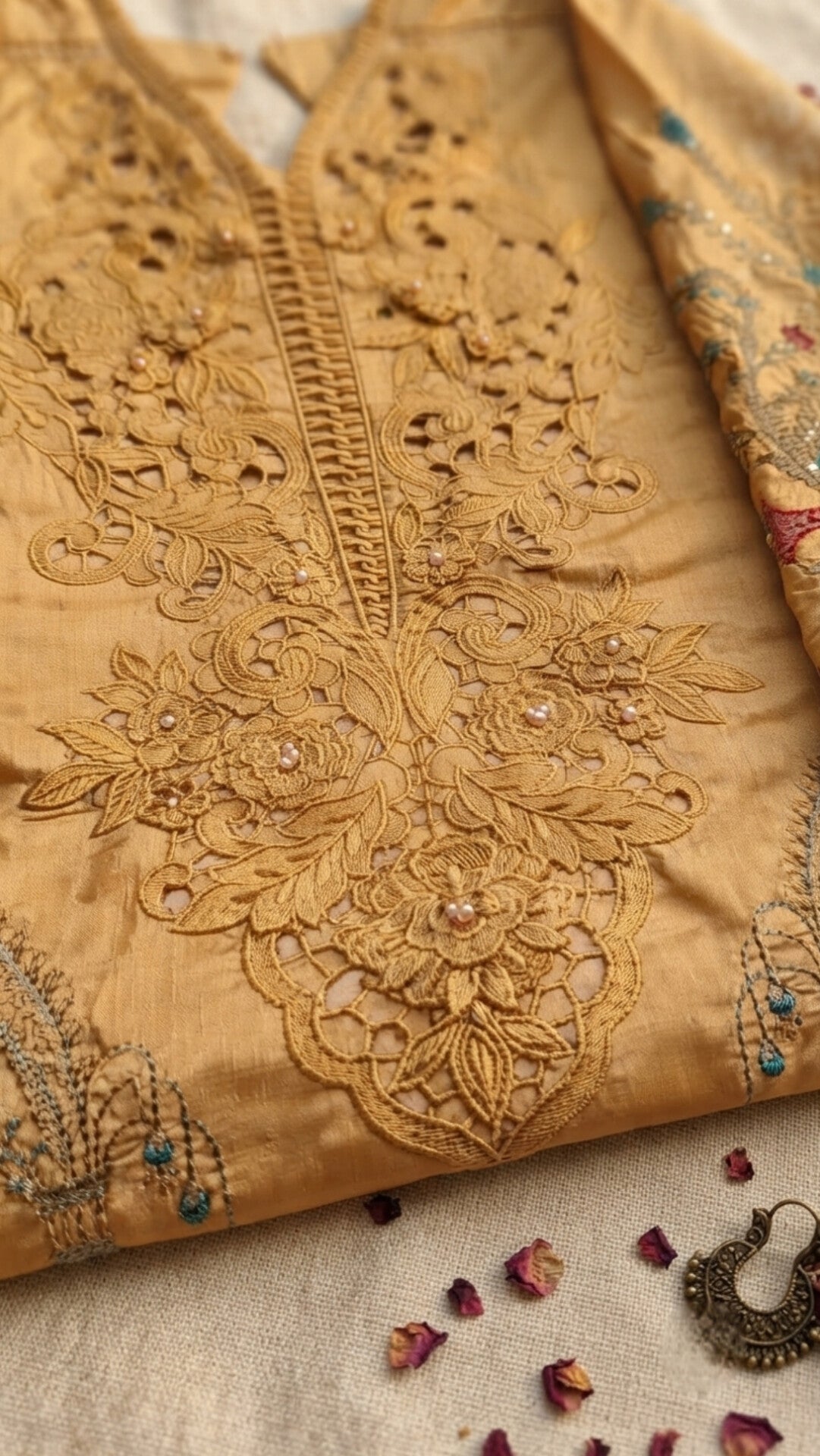 Luxury Mustard Embroidered 3-Piece Suit with Lace Details