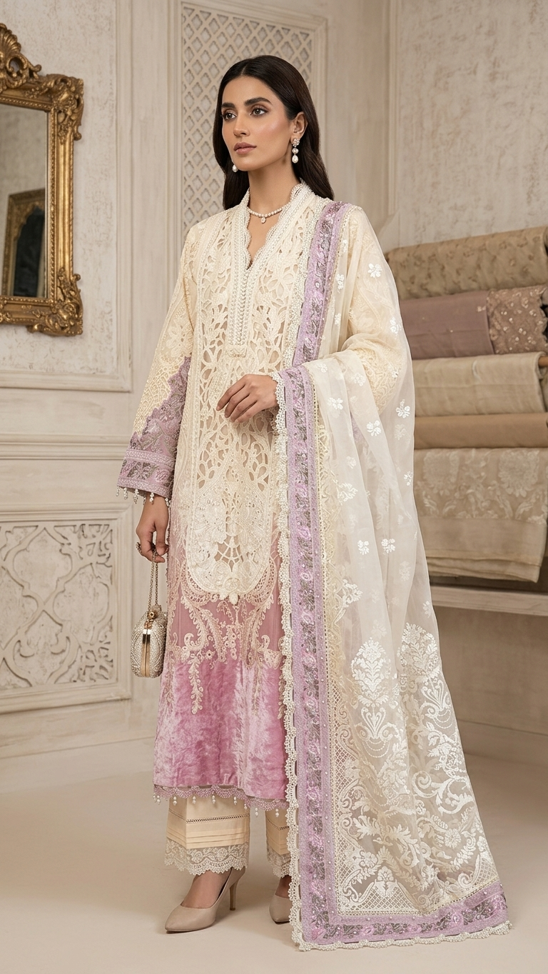 Luxury Off-White & Pink Organza Cutwork Suit with Velvet Detailing