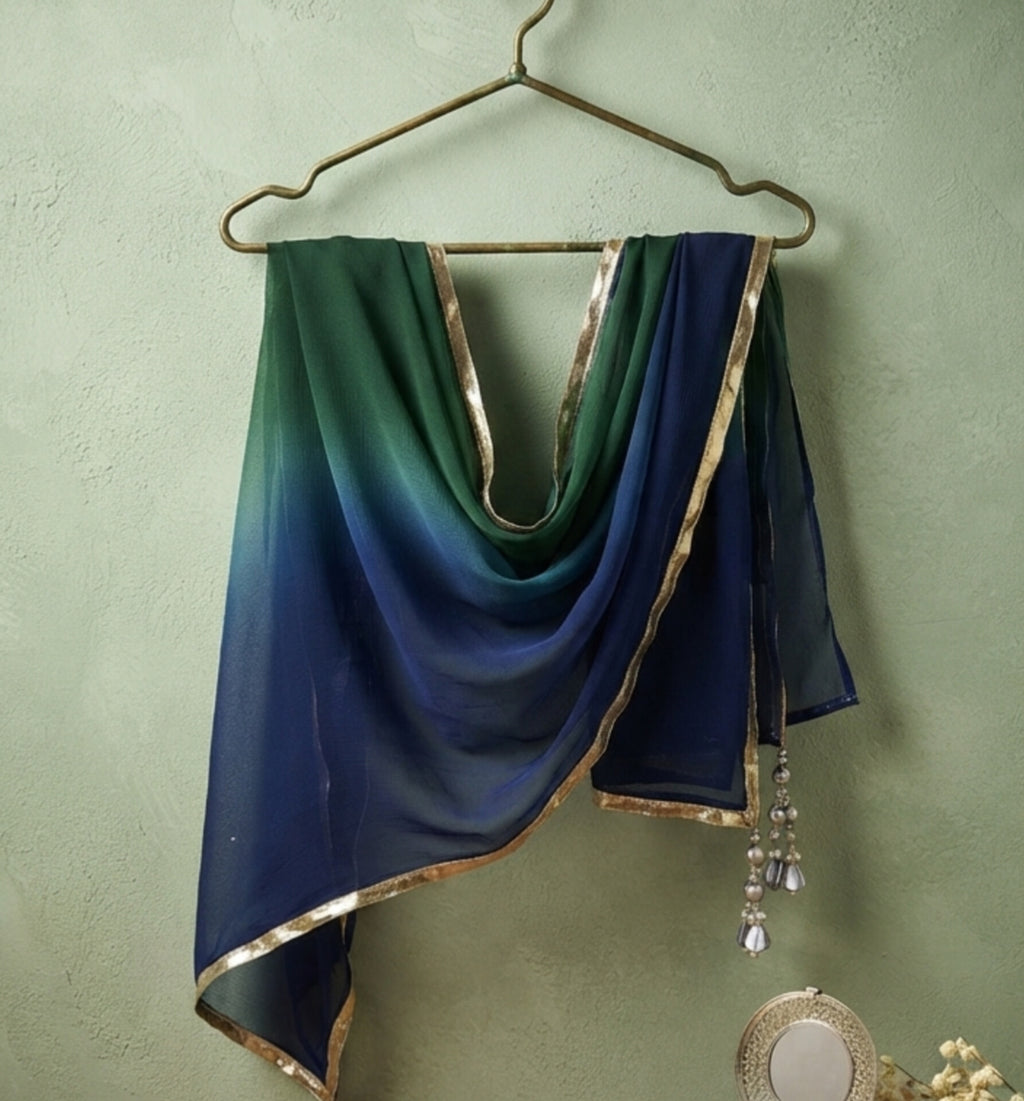 Green & Blue Tessel Silk Ombre Suit with Pure Chiffon Dupatta