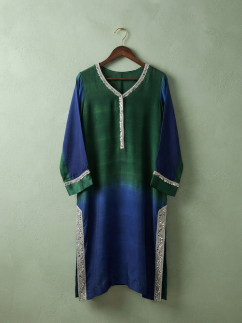 Green & Blue Tessel Silk Ombre Suit with Pure Chiffon Dupatta