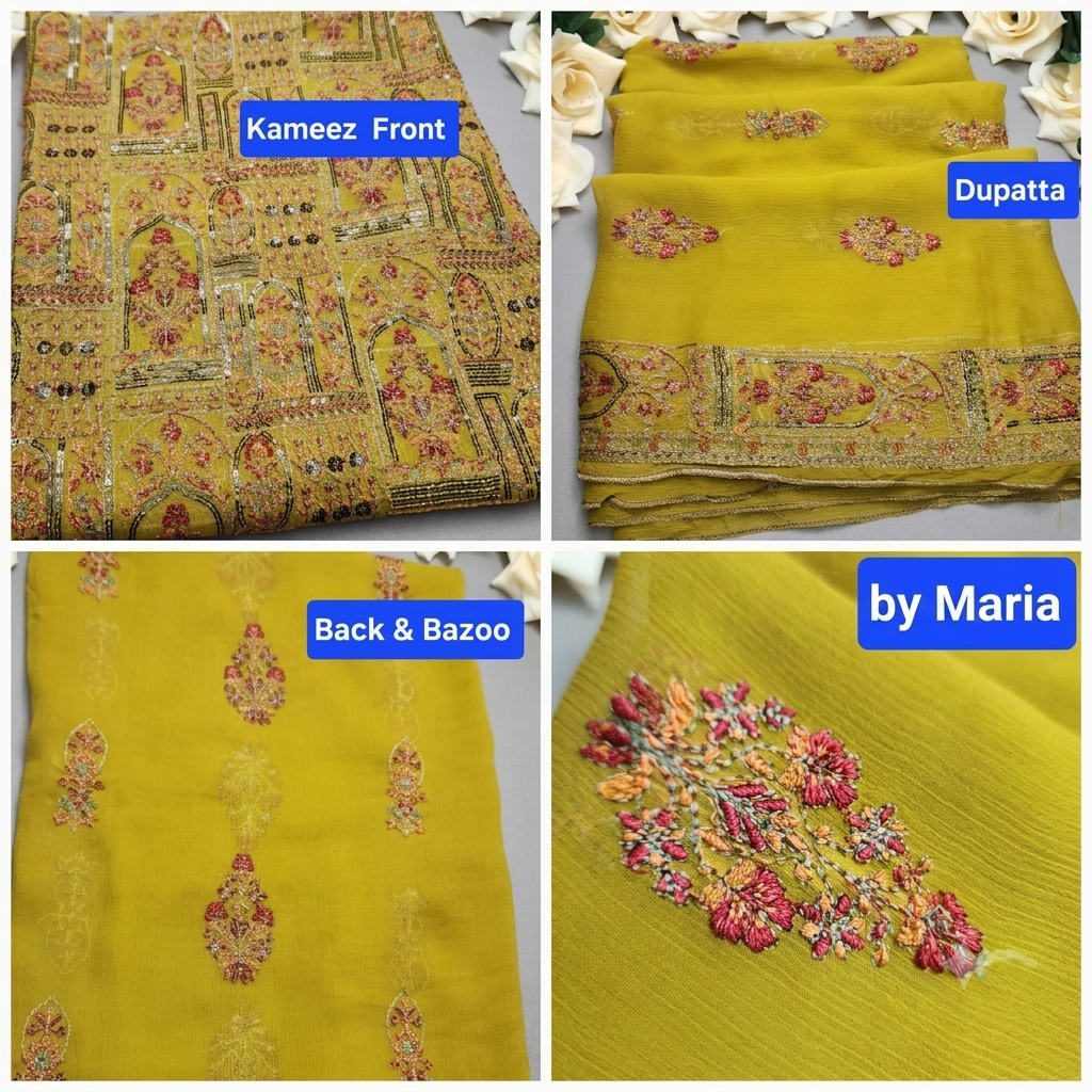 Premium Embroidered Chiffon Shirt & Dupatta with Custom Trouser Options – By Maria