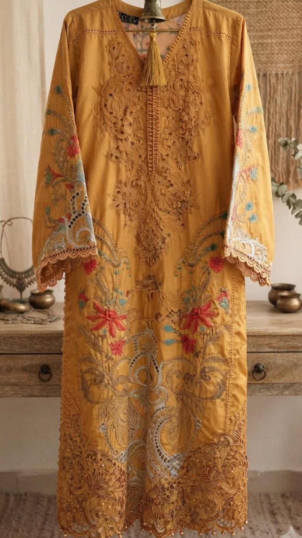 Luxury Mustard Embroidered 3-Piece Suit with Lace Details