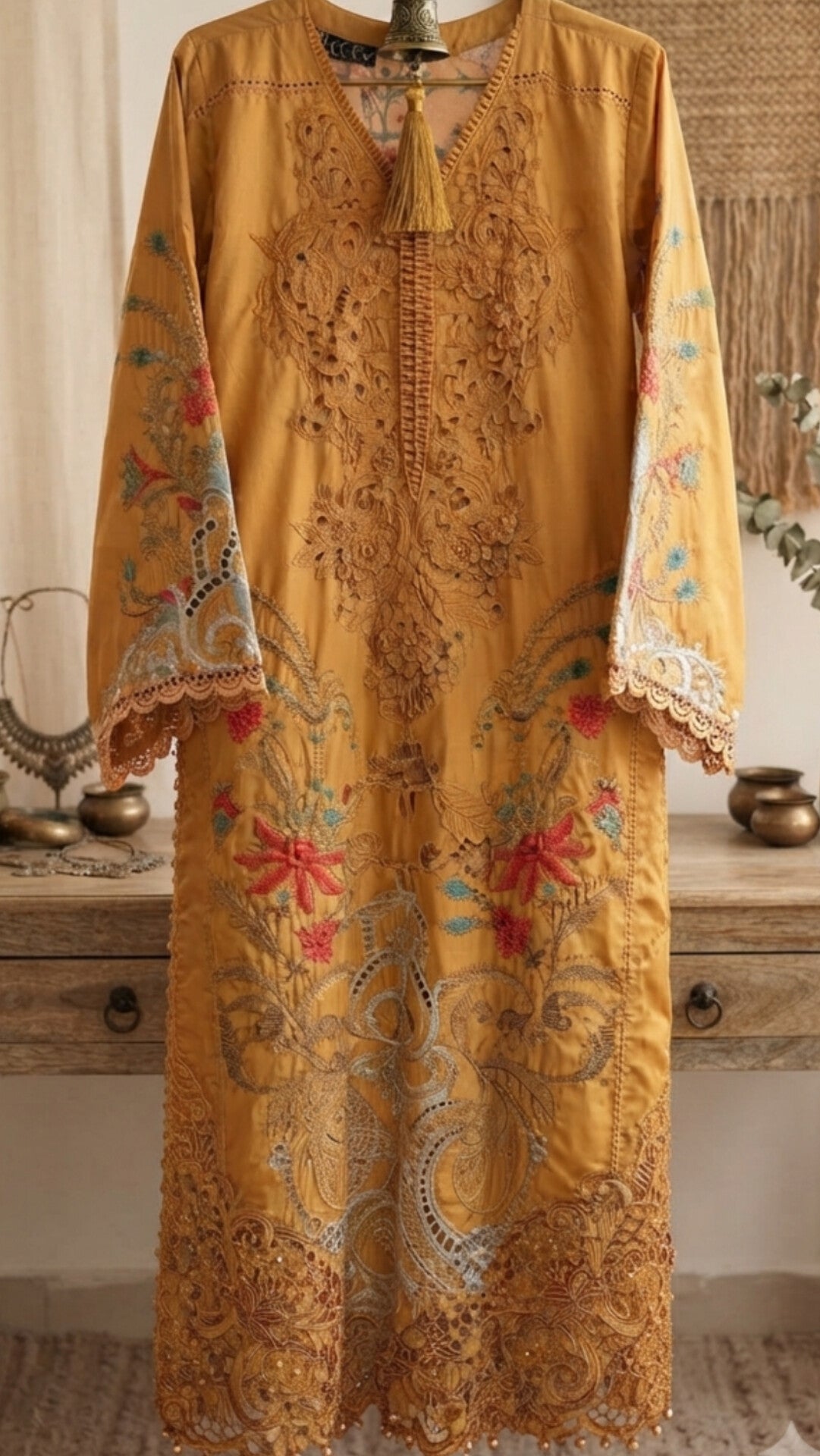 Luxury Mustard Embroidered 3-Piece Suit with Lace Details