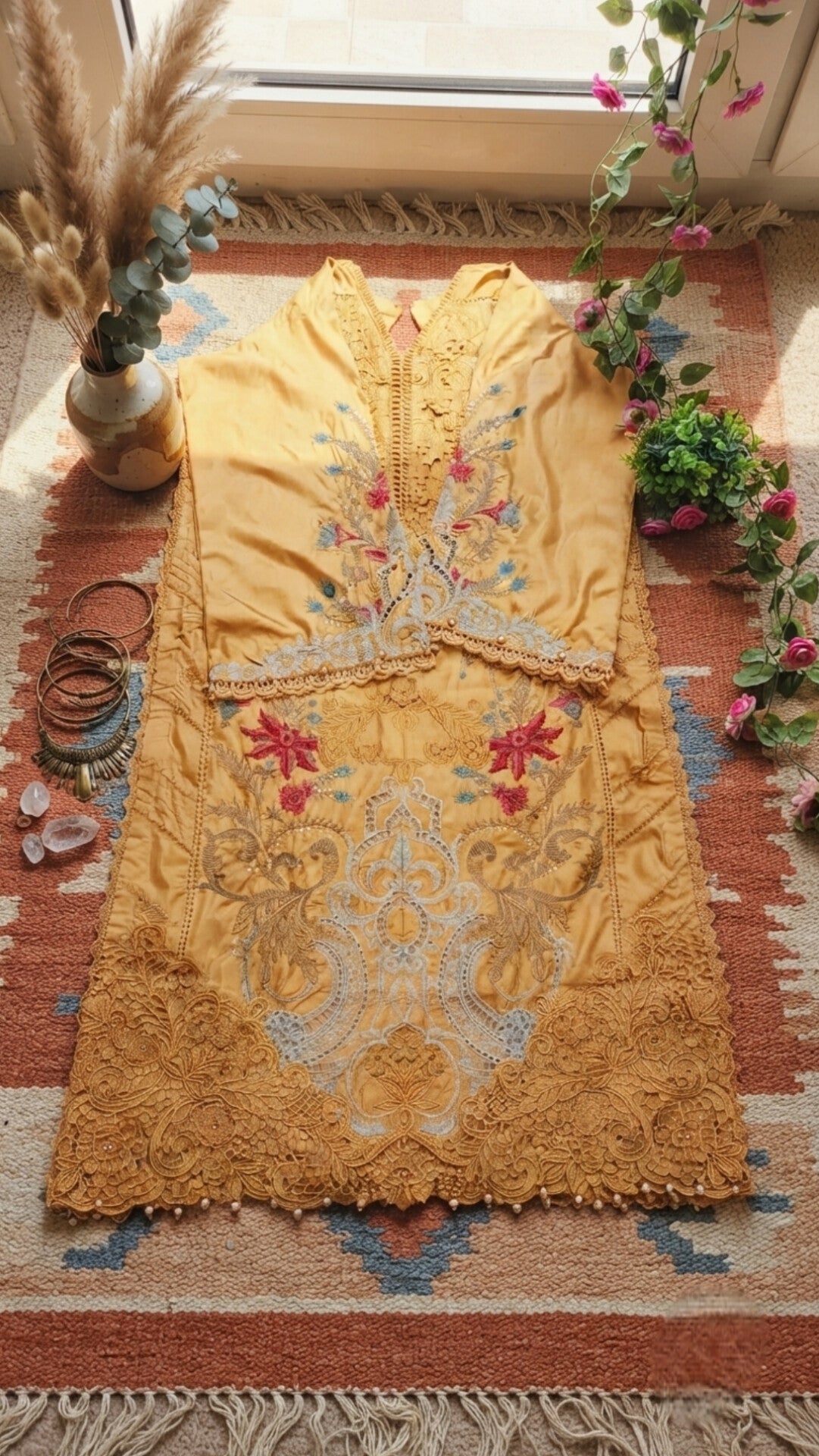 Luxury Mustard Embroidered 3-Piece Suit with Lace Details