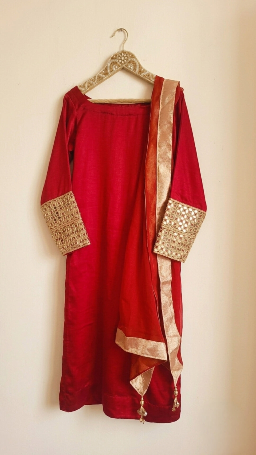 Royal Red Silk Stitched Suit with Mirror Work Sleeves (3-Piece)