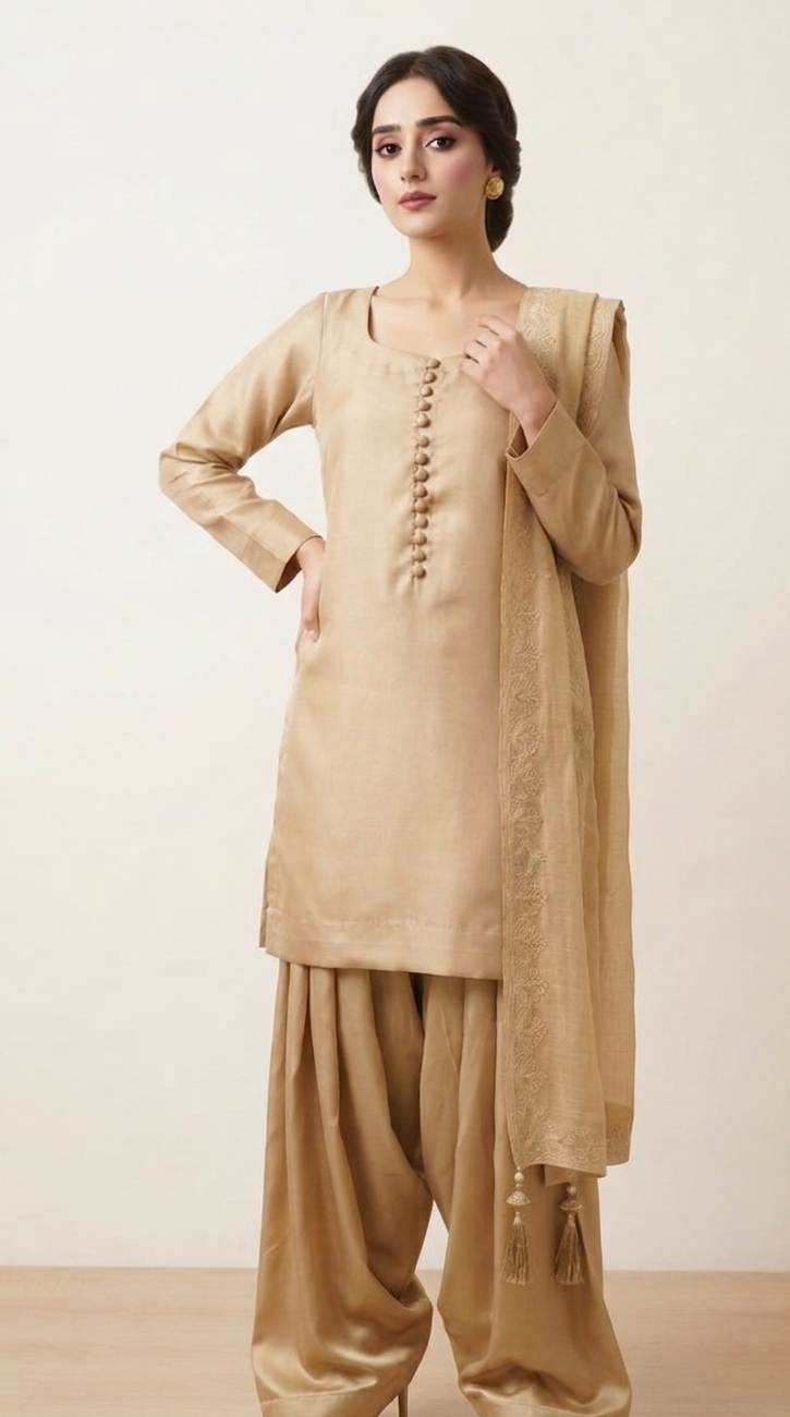 Elegant Gold Silk Suit with Embroidered Cotton Net  Dupatta - 3 Piece (stitched)