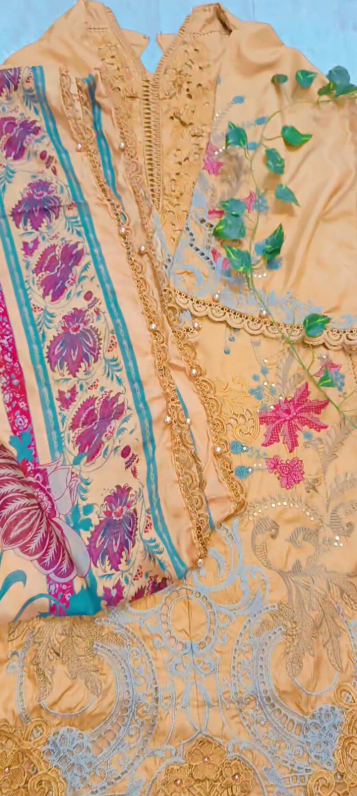 Luxury Mustard Embroidered 3-Piece Suit with Lace Details