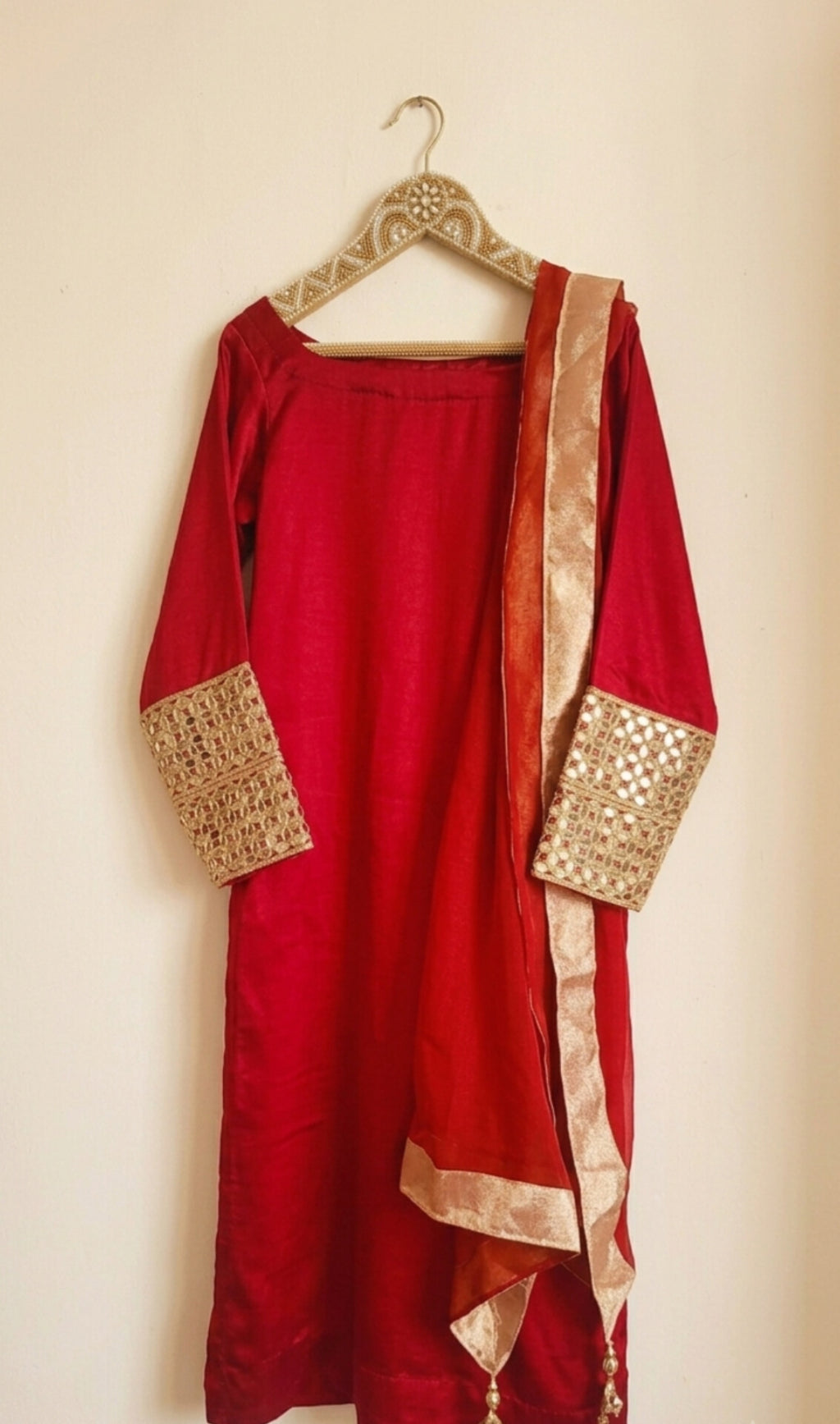 Royal Red Silk Stitched Suit with Mirror Work Sleeves (3-Piece)