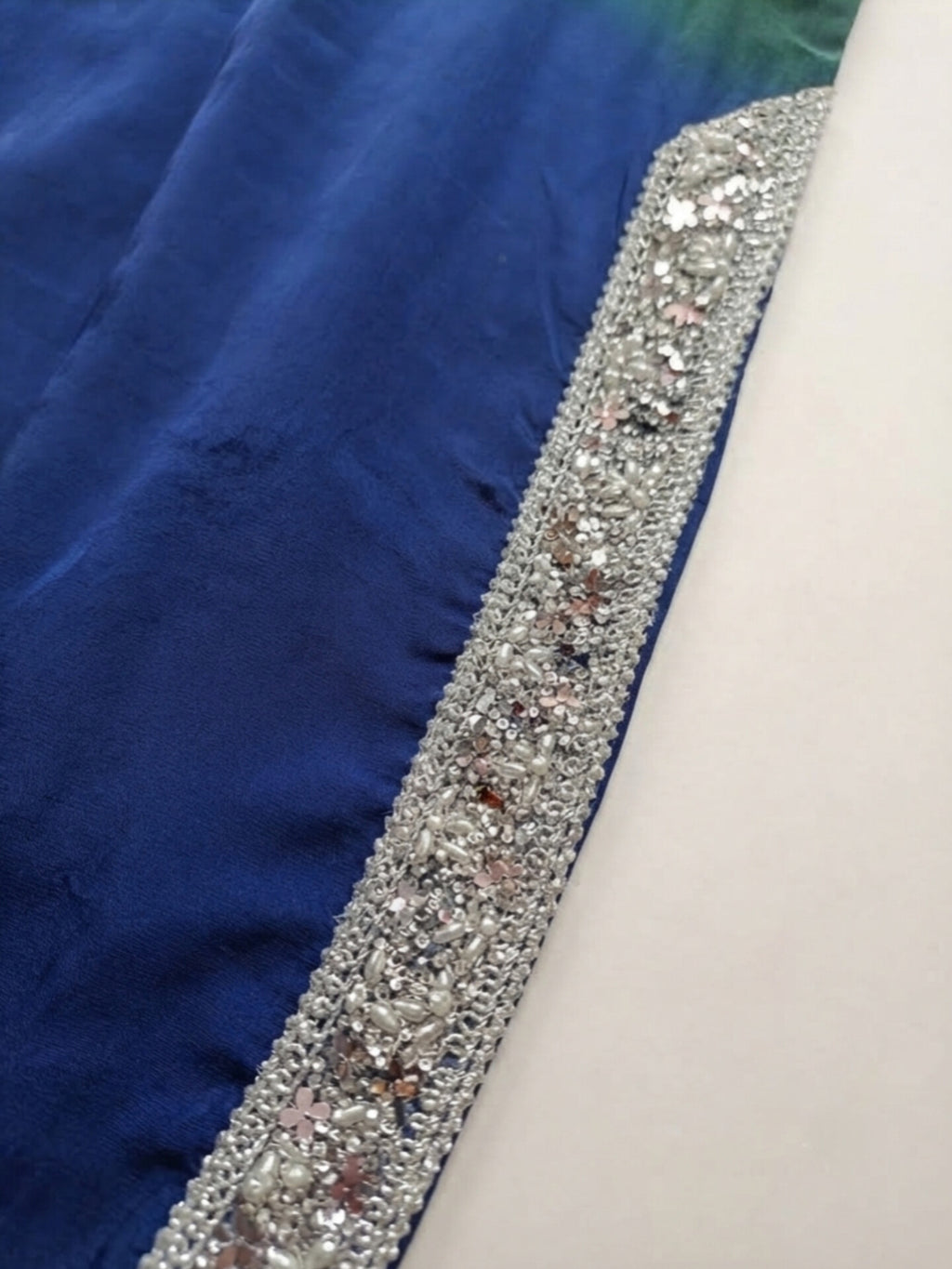 Green & Blue Tessel Silk Ombre Suit with Pure Chiffon Dupatta