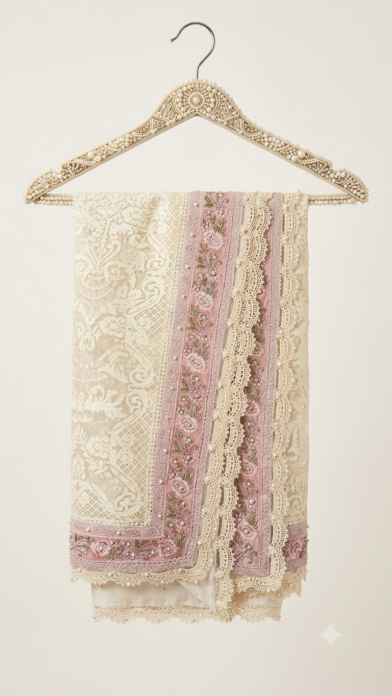 Luxury Off-White & Pink Organza Cutwork Suit with Velvet Detailing