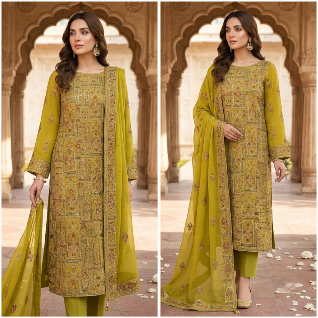 Premium Embroidered Chiffon Shirt & Dupatta with Custom Trouser Options – By Maria
