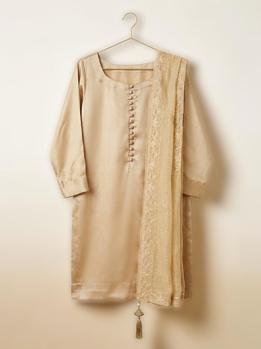 Elegant Gold Silk Suit with Embroidered Cotton Net  Dupatta - 3 Piece (stitched)