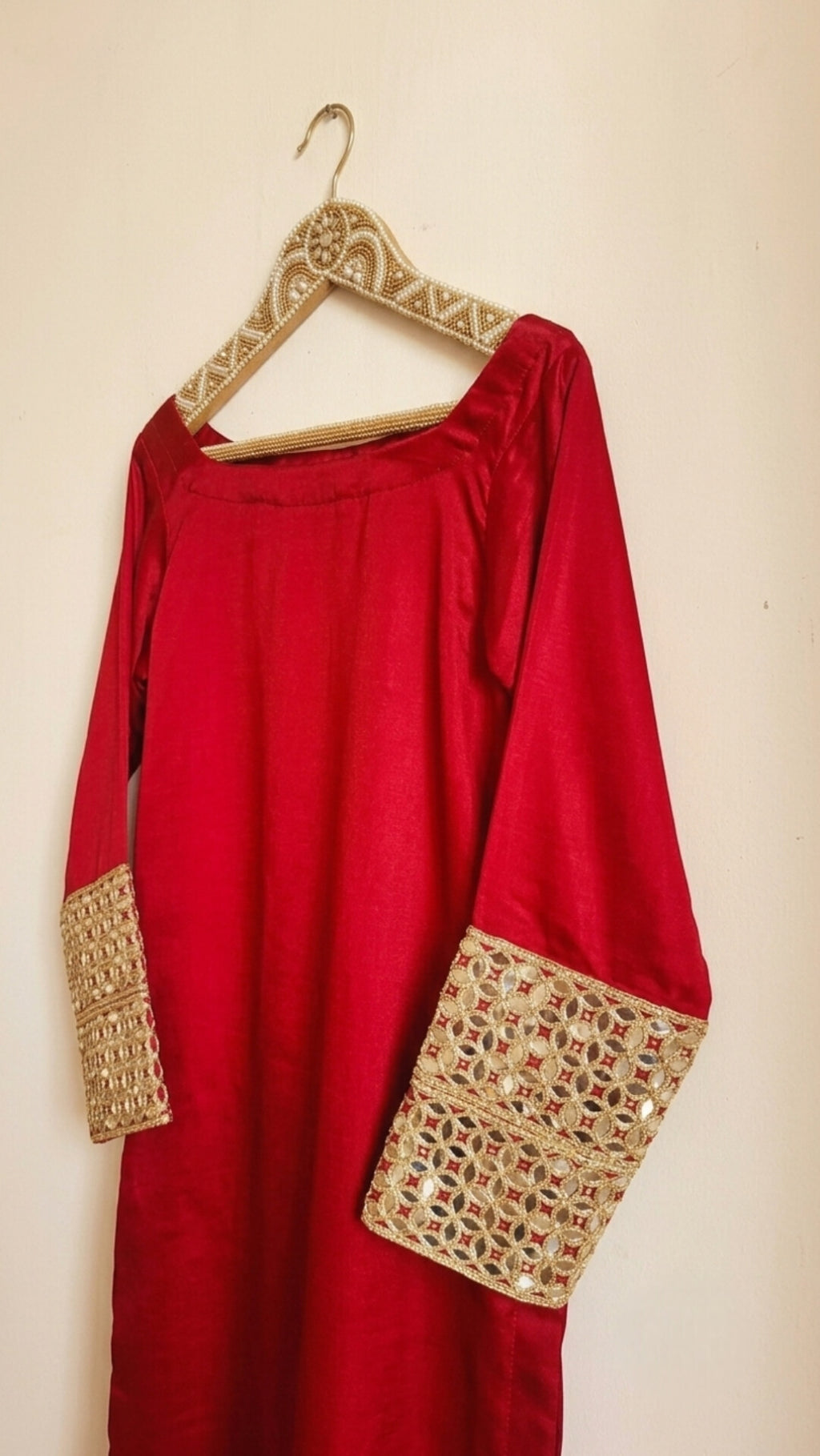 Royal Red Silk Stitched Suit with Mirror Work Sleeves (3-Piece)