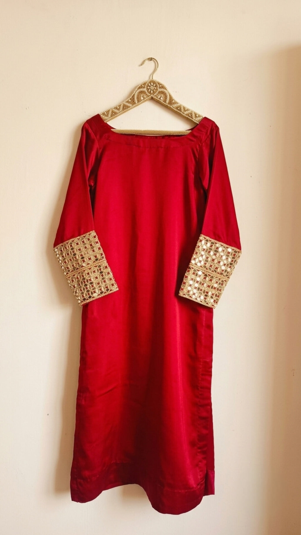 Royal Red Silk Stitched Suit with Mirror Work Sleeves (3-Piece)