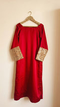 Royal Red Silk Stitched Suit with Mirror Work Sleeves (3-Piece)